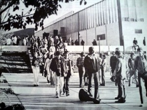 Look familiar? This is a photo pulled from the 1974 October edition of The Plaid Line, showing students milling about the courtyard before school starts.