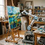 Robotic arm labeled ART-BOT 01 painting a colorful abstract canvas in a studio
