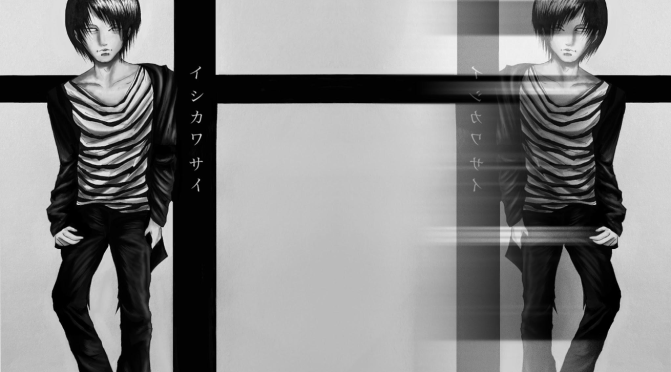 This is a black and white manga illustration showcasing an early design of Sai Ishikawa. The artwork features a mirrored diptych of the character leaning against a black cross, inscribed with vertical katakana characters spelling out his name. A digital glitch effect is applied across the mirrored right side.