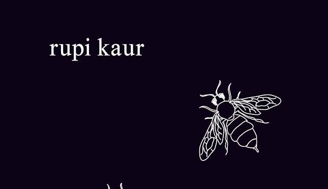 Book cover for Milk and Honey. Black cover with white text and 2 small bees