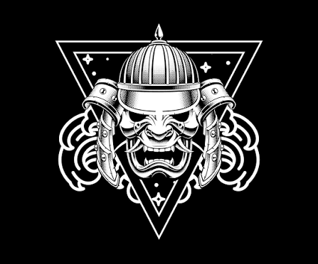 logo of studio The Art MMA: white on black face with short tusks and a helmet over a triangle with stars