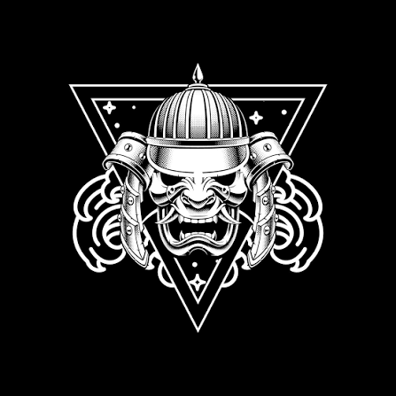 logo of studio The Art MMA: white on black face with short tusks and a helmet over a triangle with stars