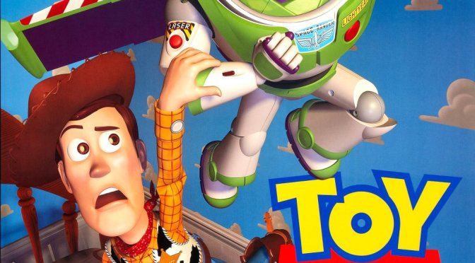 official poster for the movie Toy Story, with cowboy Woody pulling on a flying Buzz Lightyear's leg