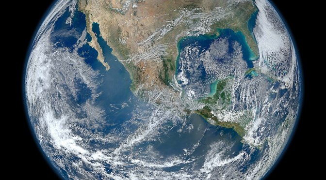 A view of most of North America taken from a low orbit of about 826 km altitude. The whole hemisphere is not visible owing to the low orbit, and the horizon is at a distance of about 3,300 km, while the radius of the planet is 6,371 km. The diameter seen from this height is about 125 degrees. An image of the Earth taken from the VIIRS instrument aboard NASA's Earth-observing research satellite, Suomi NPP. This composite image uses a number of swaths of the Earth's surface taken on 4 January 2012. The NPP satellite was renamed 'Suomi NPP' on 24 January 2012 to honour the late Verner E. Suomi of the University of Wisconsin. Suomi NPP carries five instruments on board. The biggest and most important instrument is The Visible/Infrared Imager Radiometer Suite or VIIRS.