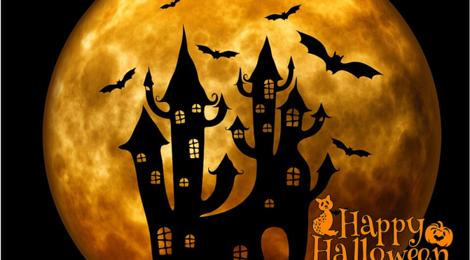Bats, haunted house, full moon for a Happy Halloween