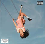 cover of Olivia Rodrigo's album you seem pretty sad for a girl so in love'. shows a girl in a red and white dress on a swing upside down against a blue sky background